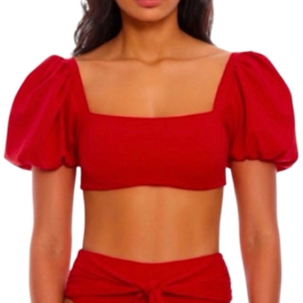 Agua Bendita Calista Puffy Sleeve Reversible Red Bikini Crop Top sz 2XL